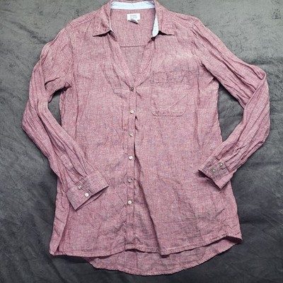 Sigrid Olsen Women Linen Button Up  Blouse Medium Long Sleeve Lagen Red V Neck