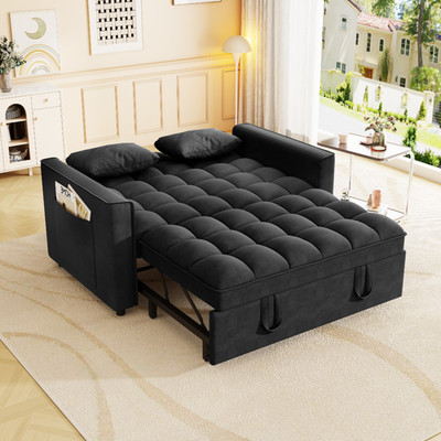Sleeper Sofa Couch w/Pull Out Bed，Modern Velvet Convertible Sofa Bed w/Pillows
