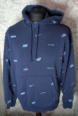 Nike Club Fleece All Over Print Graphic Pullover Hoodie Sweatshirt Navy Size M 