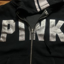 Victoria s Secret pink full zip up jacket hoodie metallic bling Fleece Lined
