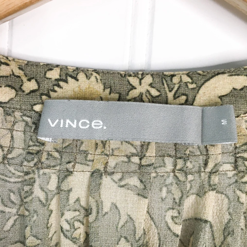 Vince Womens Blouse Green Tan Floral Long Sleeve Button Cuff Notch Neck Silk M - Image 4 of 4