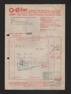 BERLIN, Rechnung 1938, O-Cedar Continol Oel GmbH Chemische Fabrik
