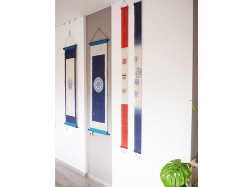 Kyoto Tapestry Wall Hanging Handpainted Linen Soba Choko Sometsuke Blue - Picture 2 of 5