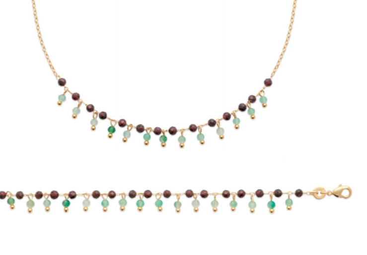 Bracelet Fine Stones Genuine Chalcedony & Garnet Plated or 18 Carats 750/000