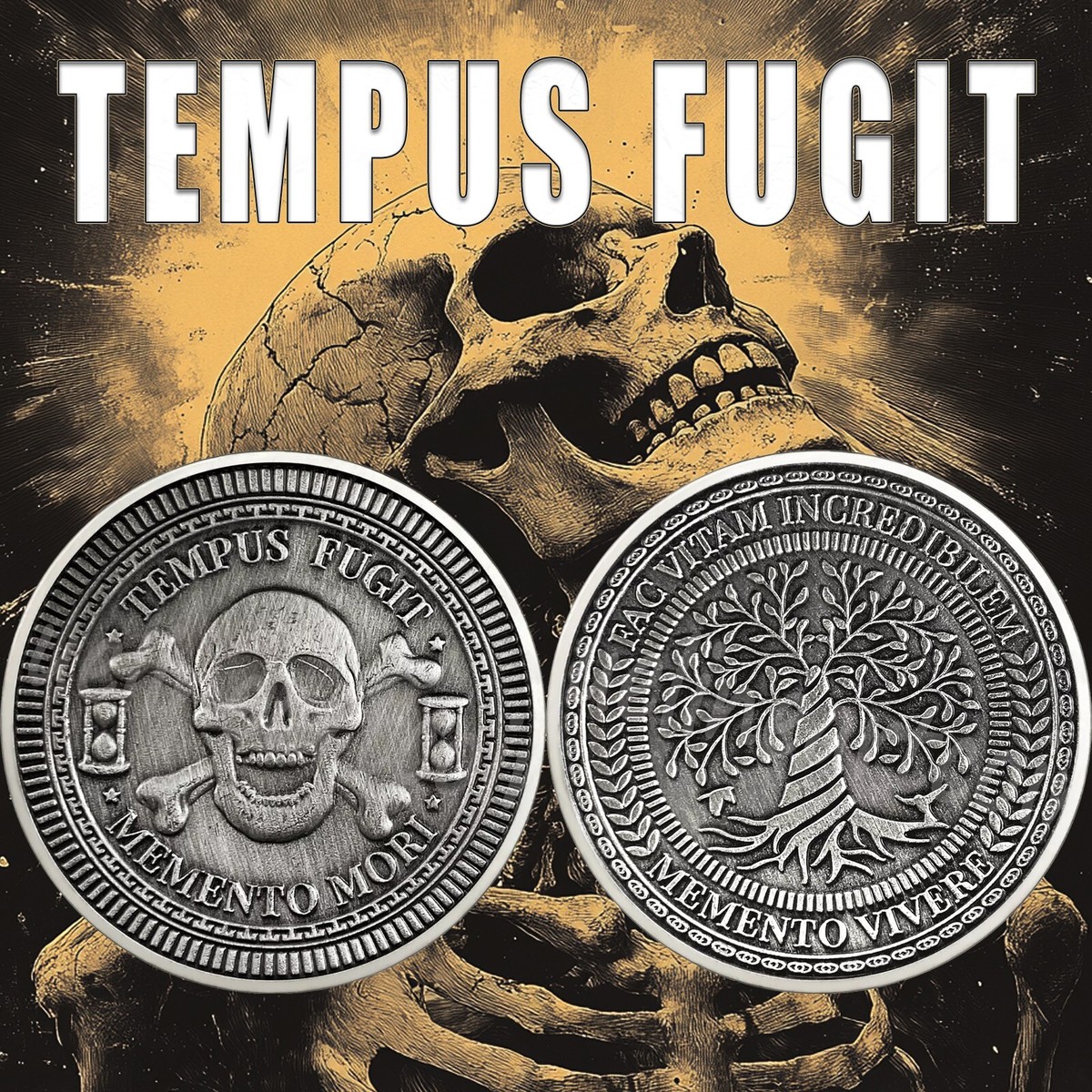 Tree Of Life And Skull Memento Mori Coin Tempus Fugit Skull Stoic