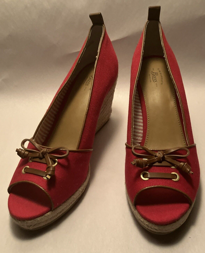 Bass Annie Womens 11M Red Canvas, Tan Trim 3 3/4" Wedge Heel Peeptoe Espadrilles - Picture 4 of 15