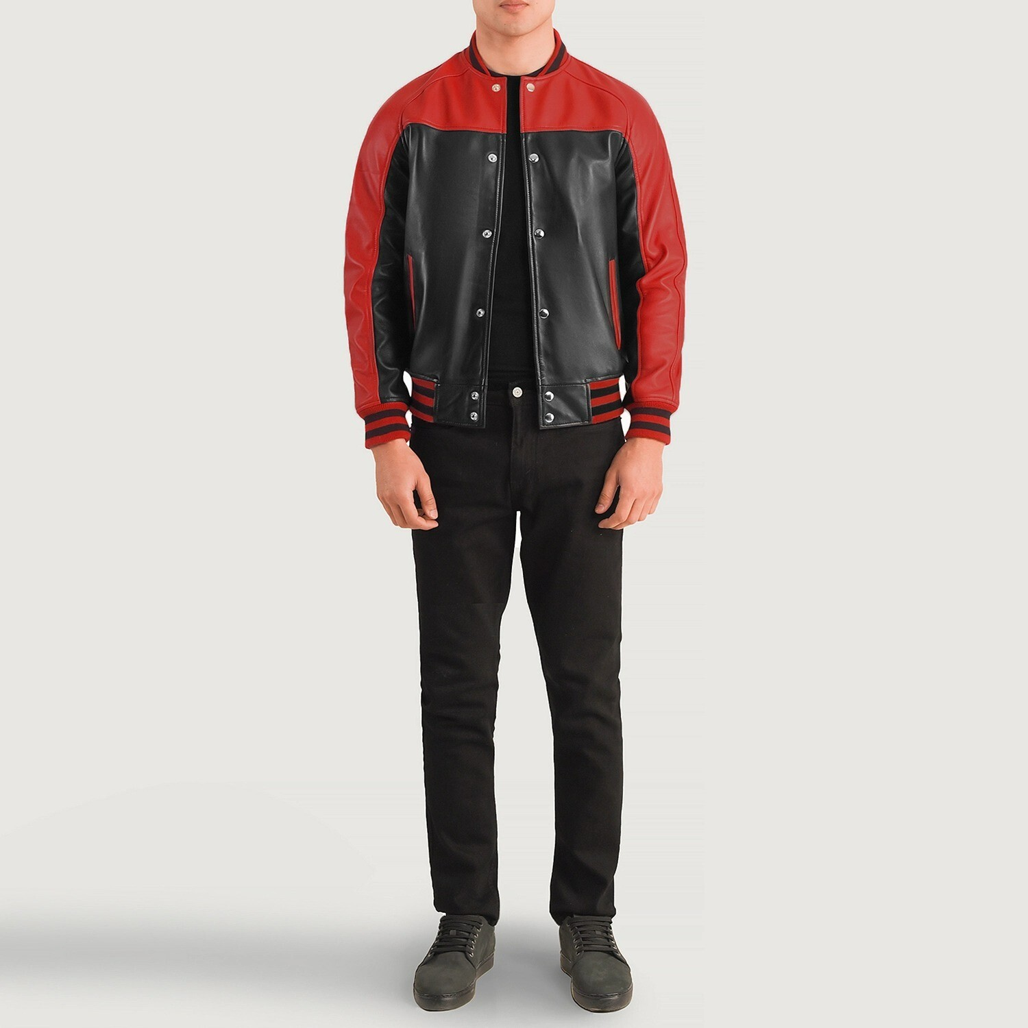 Terrance Black Red Leather Varsity Jacket for Men Stylish Bomber