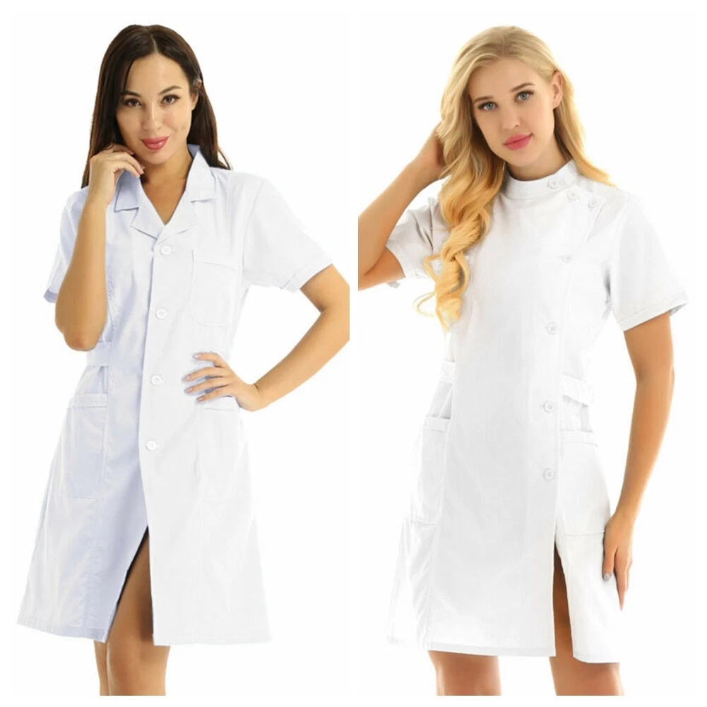 Solid Lab Coat Medical White Women Nurse Scrubs Doctor Gown Jacket Uniform Dress
