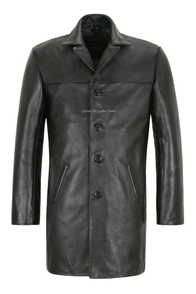 REEFER Mens Leather Jacket Black Real Hide Military Style Long