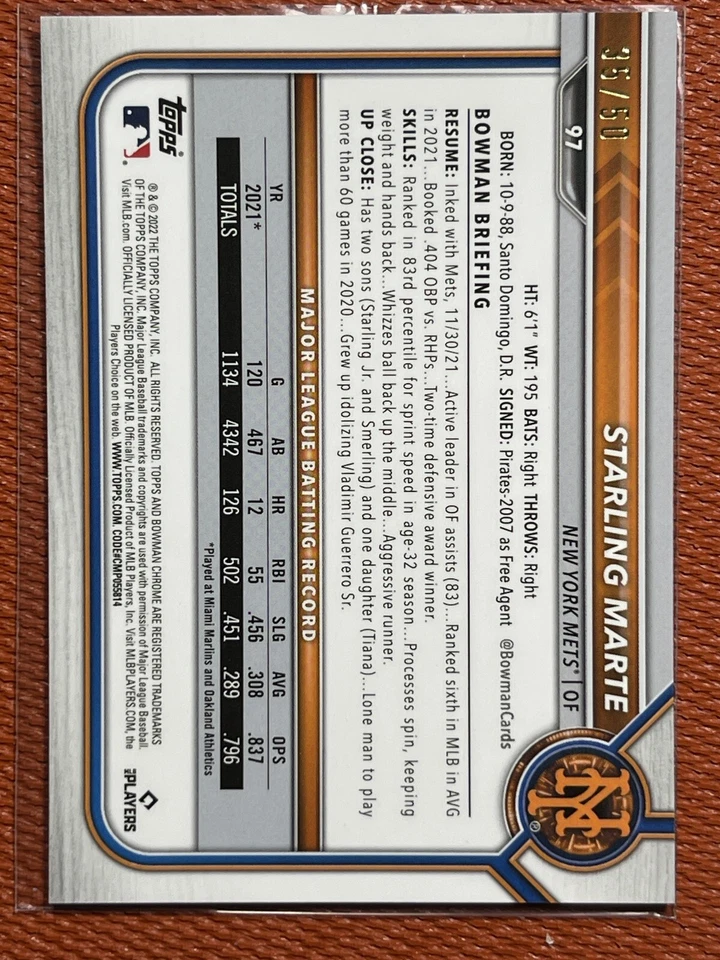 2022 Bowman Chrome STARLING MARTE Gold Refractor 35 /50 New York Mets - Image 3 of 3