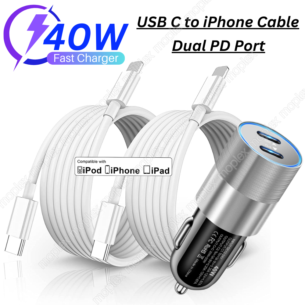 40W Dual PD Fast Car Charger Adapter Type C Cable For iPhone 14 13 12 11 Pro Max