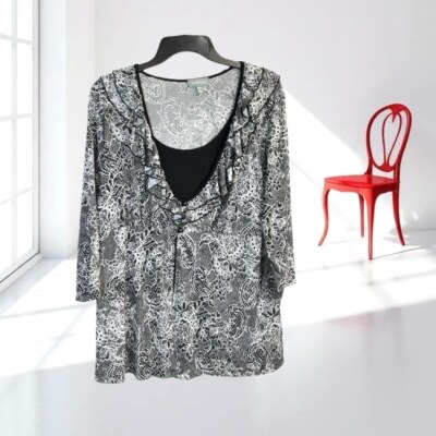 Essentials Black & White Floral Net Print Layer Look Ruffled Blouse Women 18/20