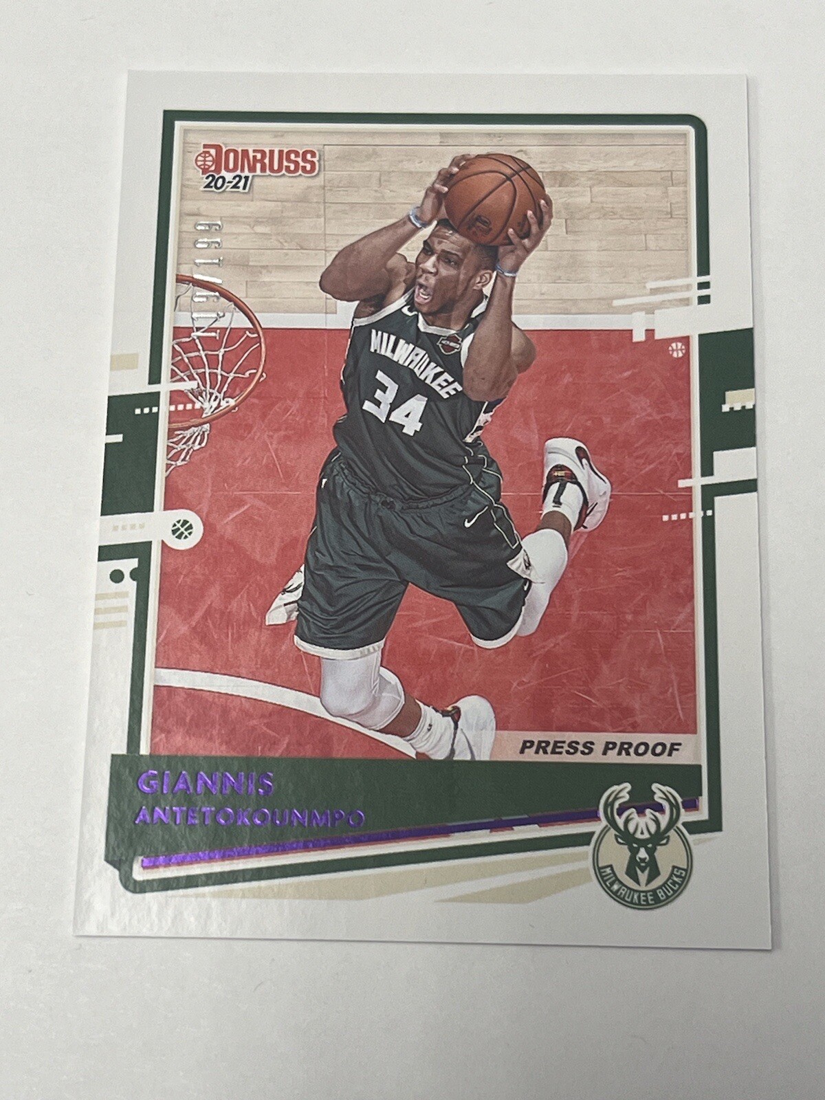 2020-21 Panini Donruss Giannis Antetokounmpo Press Proof Purple /199 Bucks SSP