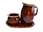 Hull Pottery Brown Drip Glaze Creamer & Sugar Bowl No Lid Tray Set Oven Proof