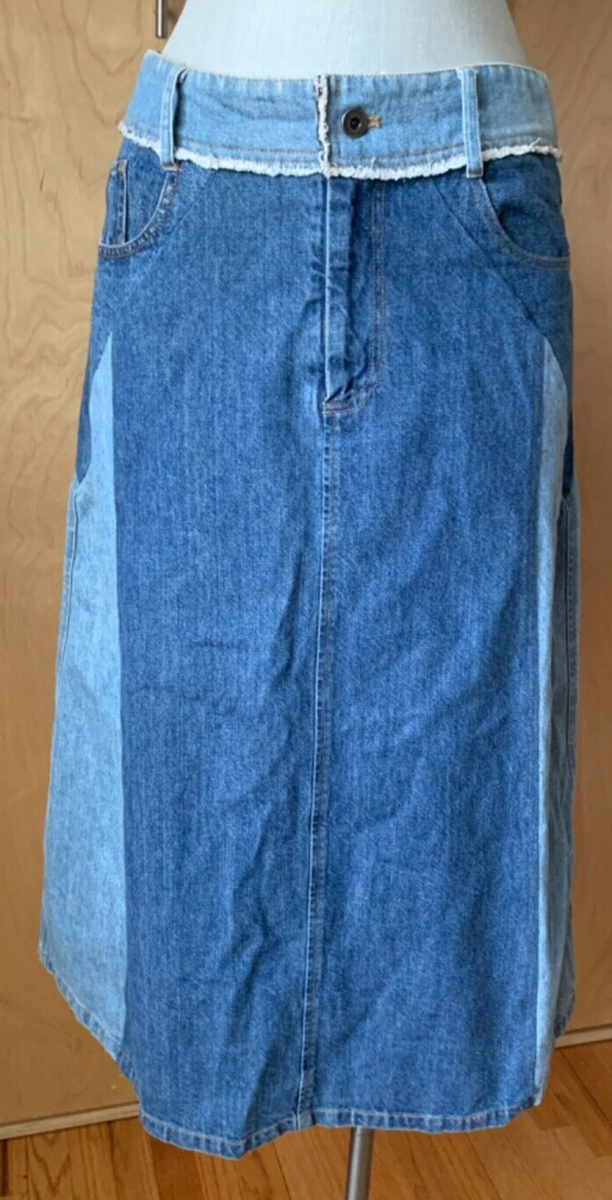 SEA NY cotton denim A-line patchwork midi Skirt size 8 EUC