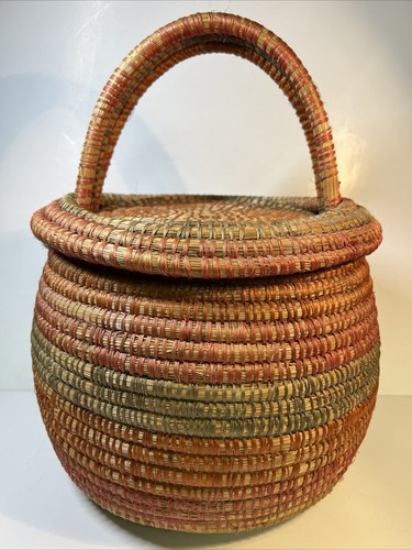 Vintage Coiled Woven Lidded Basket With Handles 14” Tall