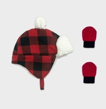 New Baby 2pc Red Flannel Sherpa Trapper Hat  Mitten/Glove Set 0-6 Months