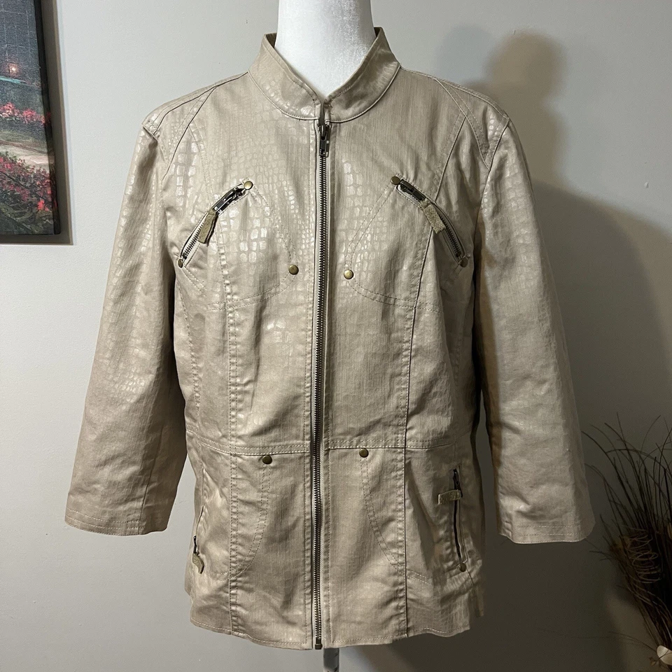 MULTIPLES Women’s Beige Faux Leather Zip Up Jacket Snake Animal Print Sz XL Flaw - Image 2 of 4