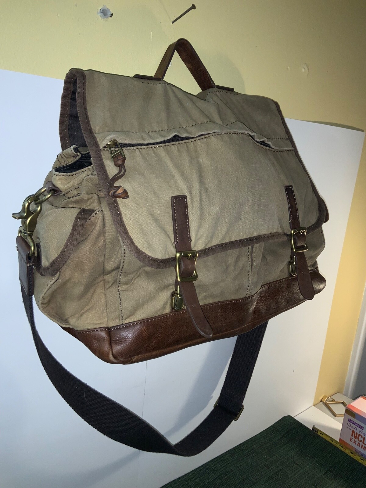 Fossil Brown Leather/Canvas/ Messenger/ Tote/ Computer/ Crossbody Bag