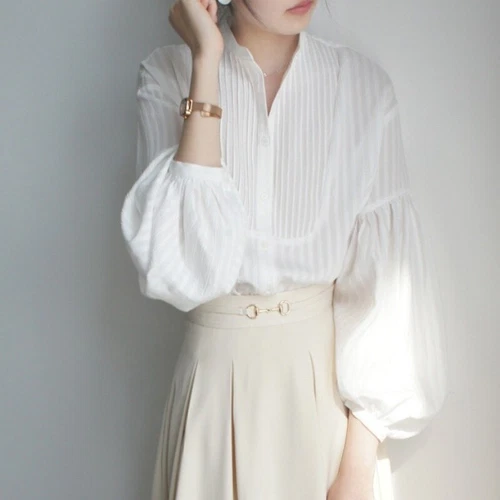Womens Elegant Stripe Pleated Stand Collar Casual Lantern Sleeves Shirt Tops - Foto 4 di 7
