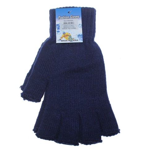 Mens Womens Fingerless Gloves Navy Blue Thick Knitted Warm Winter Wear - Picture 3 of 5