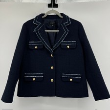 Talbots Contrast Trim Tweed Blazer Jacket Womens 12P Navy Blue Gold ButtonOffice