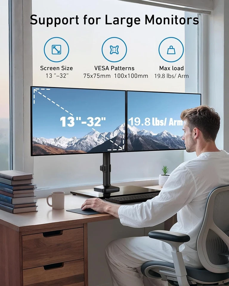 Dual Monitor Stand Holder for 13-32 Inch Screens with Tilt Swivel Rotation - Image 4 of 4