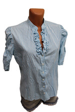 Bauernbluse Bluse M 40/42 kurzarm Hemdbluse kleinkariert Rüschen Puffärmel Damen