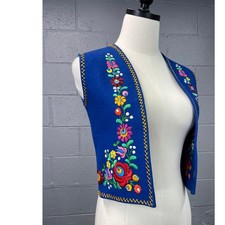 Vintage 60s Blue Wool Felt Vest Hand Embroidered Floral Hungarian Folk Cottage