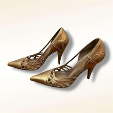 BCBG Gold Strappy Pointed Toe Stiletto Heels Womens Size 8 Evening Party