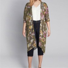 Lane Bryant Long Floral Duster Kimono Swiss Dot Green Pink Oversized Open Front