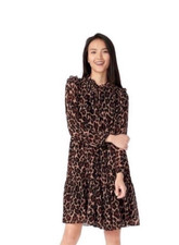 J Crew Leopard Dress Tie Neck Tiered Chiffon Pullover Small Womens Festival Boho