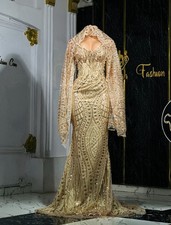 Gold Sequin Beaded Sweetheart Corset Bell Sleeve Long Maxi Formal Dress