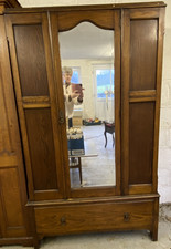 Antique Edwardian or Arts and Crafts solid oak wardrobe with mirror and drawer