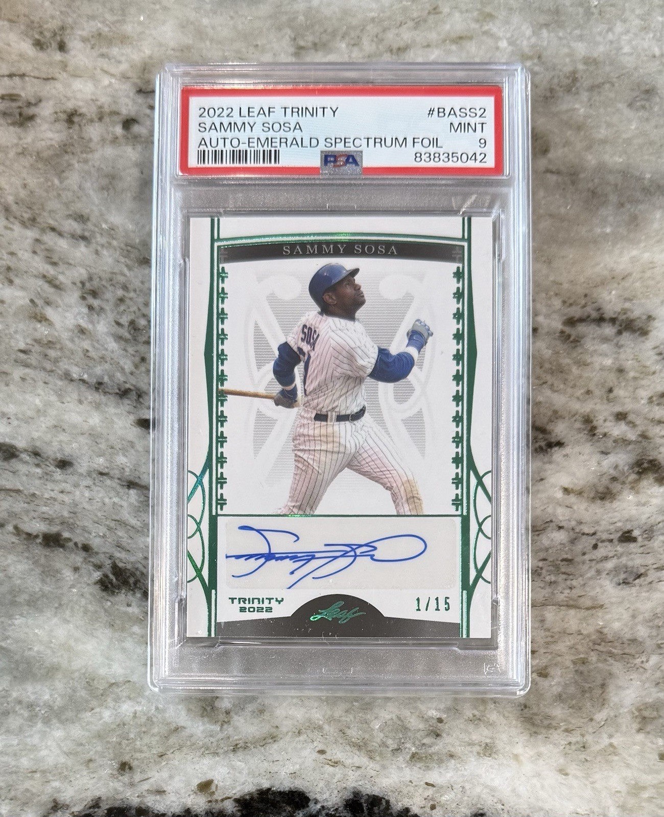 SAMMY SOSA PSA 9 2022 LEAF TRINITY #BA-SS2 AUTO FOIL EMERALD SPECTRUM 1/15