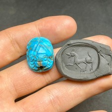 Ancient Egyptian Turquoise intaglio Seal old Scarab Amulet Seal Stone Stamp Bead