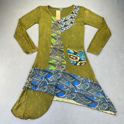 Kathmandu Imports Patchwork Tunic Dress Small Green Festival Boho Hippie Chic