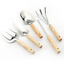 5 PCS Stainless Steel Garden Tool Set Ash Wood Handle Weeder Trowel Rake