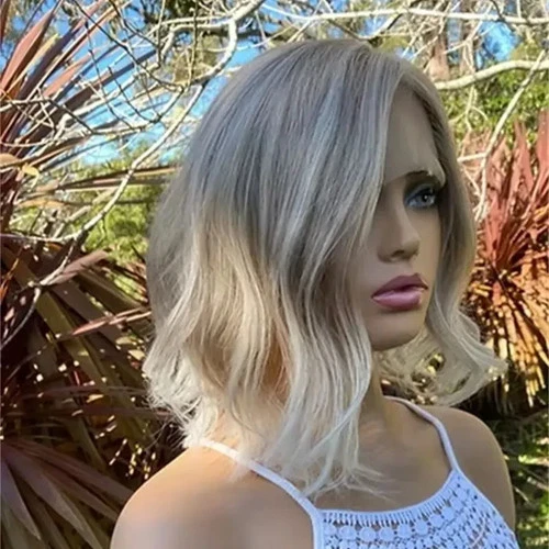 10inch short bob wavy ash blonde to white blonde 100%Human Hair Lace Front Wigs - Picture 2 of 7