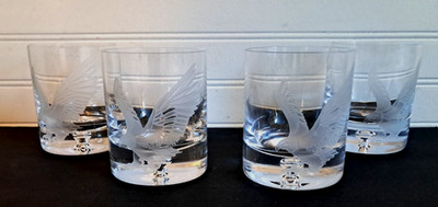 Set 4 Crystal Double Old Fashioned Whiskey Glass Etched Eagle Signed Coyle 4 in