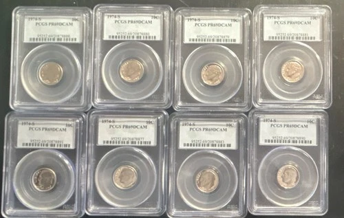 Roosevelt Dime 1974-S PCGS PR69DCAM Proof Silver 10C Uncirculated Lot of 8 Coins