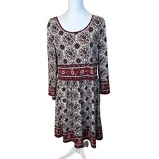 Max Studio 3/4 Sleeve Knee Length Dress Burgundy Cream Floral Boho Artsy Large