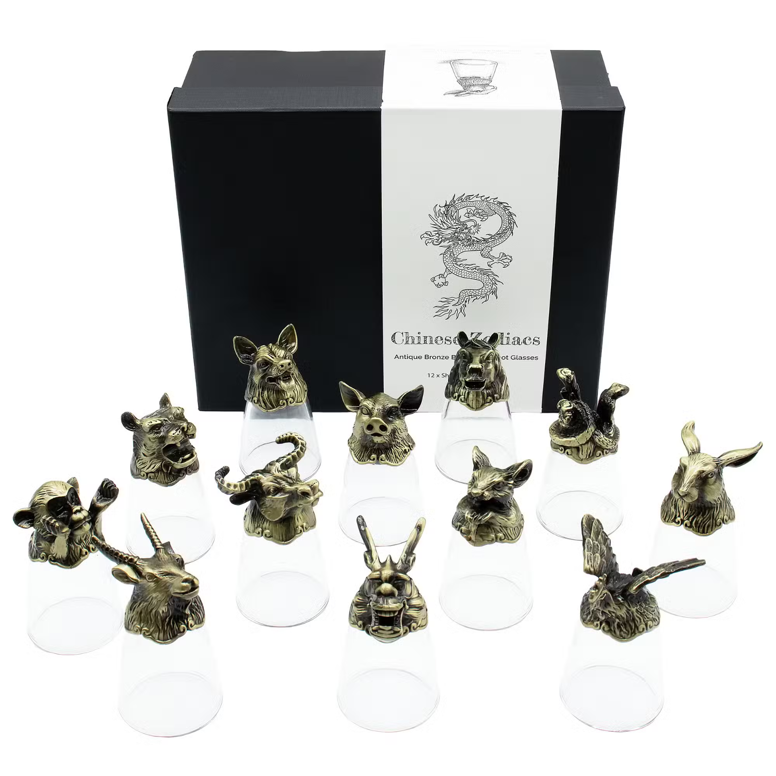 12 Bottom Up Shot Glasses (25ml) - Chinese Zodiac Creatures - Gift Set - NEW