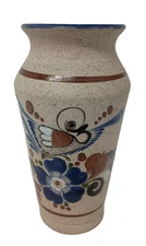 VTG Tonala Pottery Stoneware Hand Painted Floral Bird Vase Mexican Folk Art