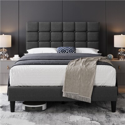 Full/Queen Upholstered Bed Frame with Square Tufted Headboard Height Adjustable