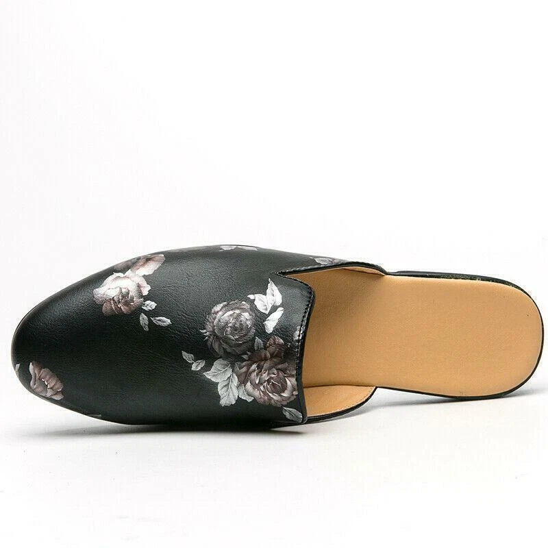Mocasines planos para hombre puntera redonda pantuflas mulas estampado floral ropa de club nocturno talla informal Foto 3 de 4