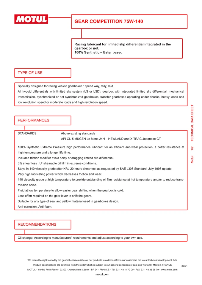 MOTUL Gear Competition 75W140 LSD 1L 100% Synthetic Transmission Oil 105779 3x - Image 2 of 4