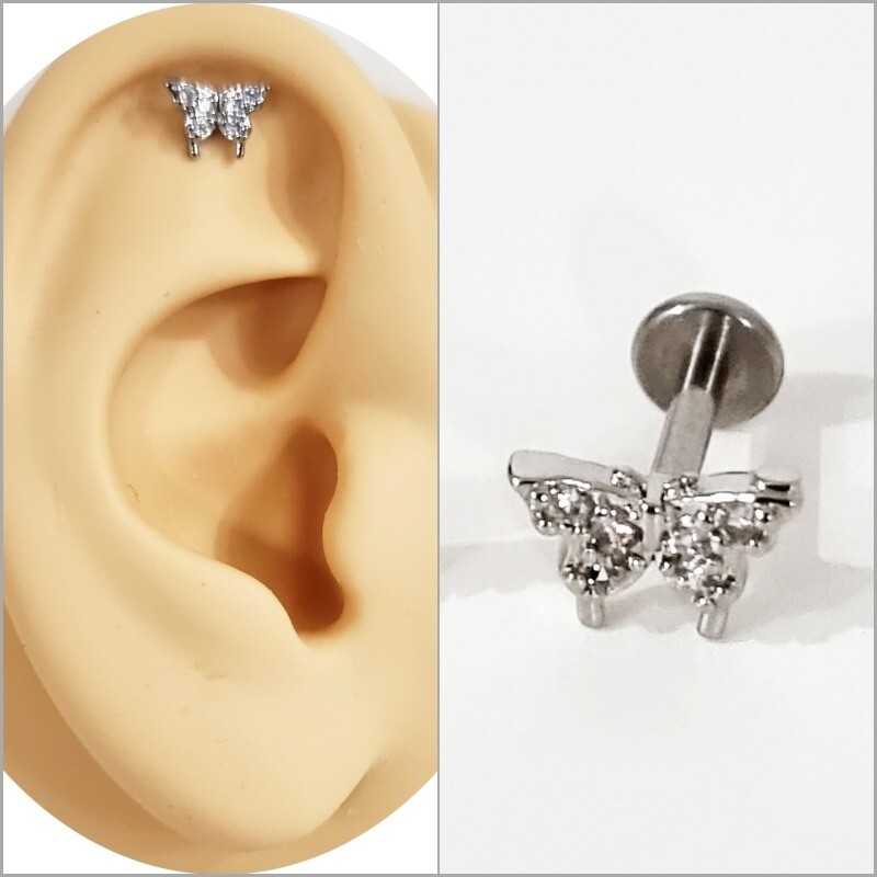 Piercing farfalla con zirconi in acciaio inox per elix trago cartilagine labret