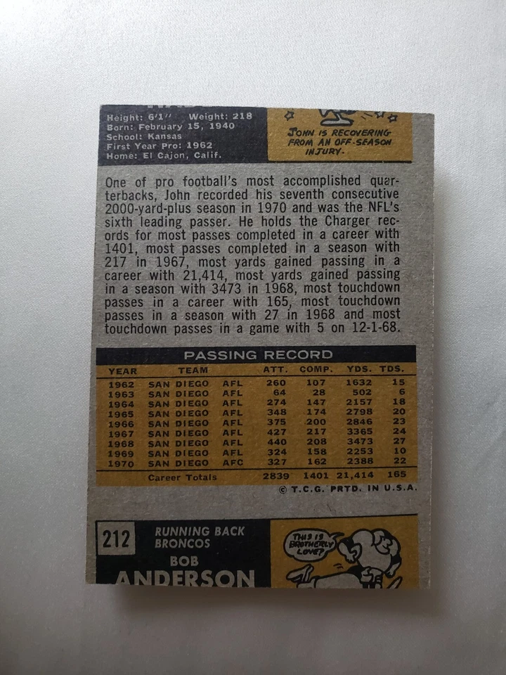1971 Topps JOHN HADL #255/#212 major error card. Super rare. 1 of 1 ? - Image 2 of 2