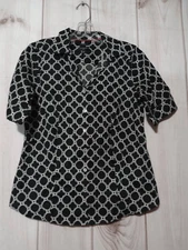 Talbots Shirt Ladies 6 Petite Black White Button Front Short Sleeve